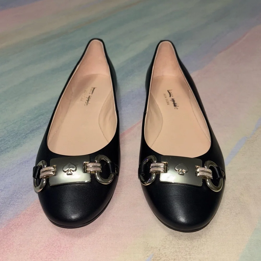 Kate Spade Payton Leather Black and Silver Slip on Flats size 7 B